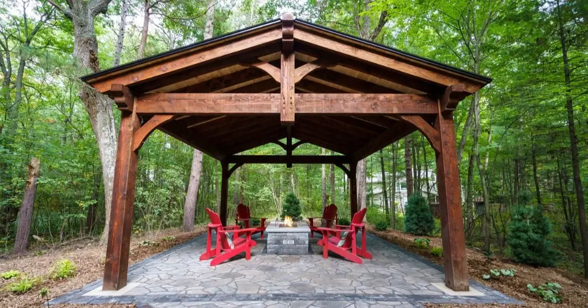 Custom timber pavilion with outdoor fire pit seating