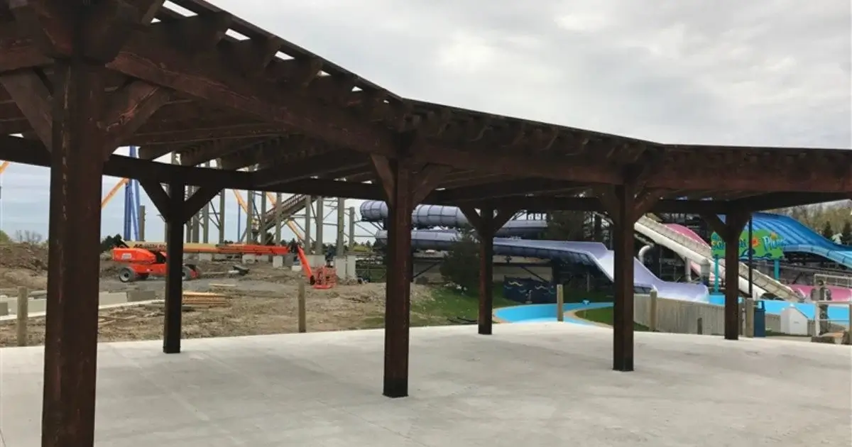 Large commercial timber pergola at outdoor waterpark