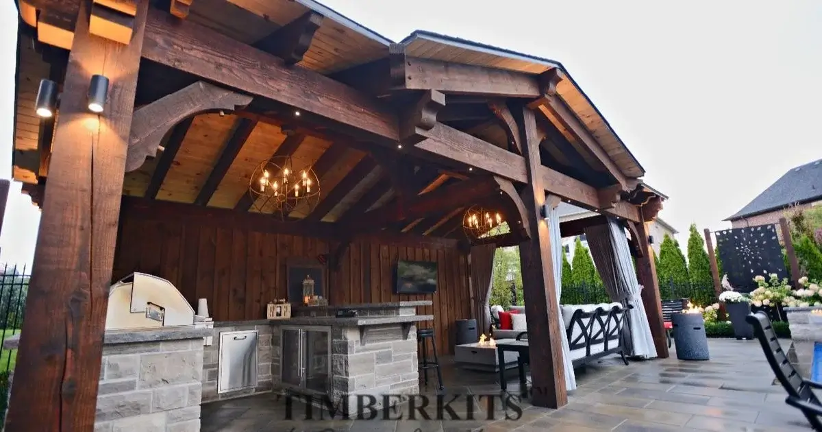 Luxury outdoor timber pavilion with built-in kitchen