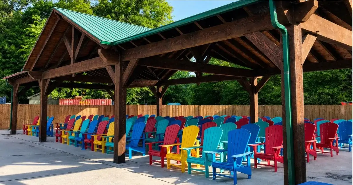 Colourful Adirondack chairs under large timber pavilion