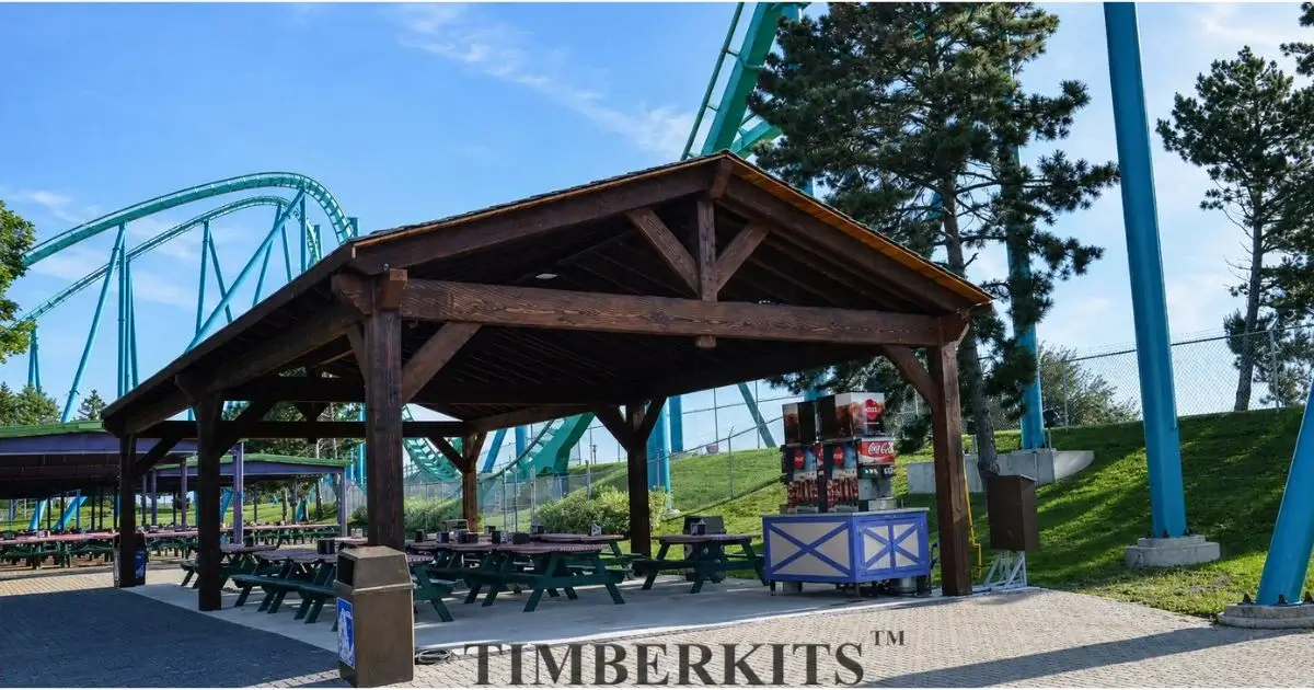 Heavy-duty timber pavilion with amusement park seating